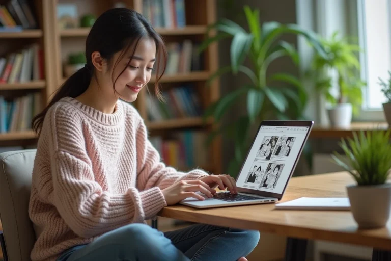 Jeune femme lisant manga sur son ordinateur dans un appartement cosy