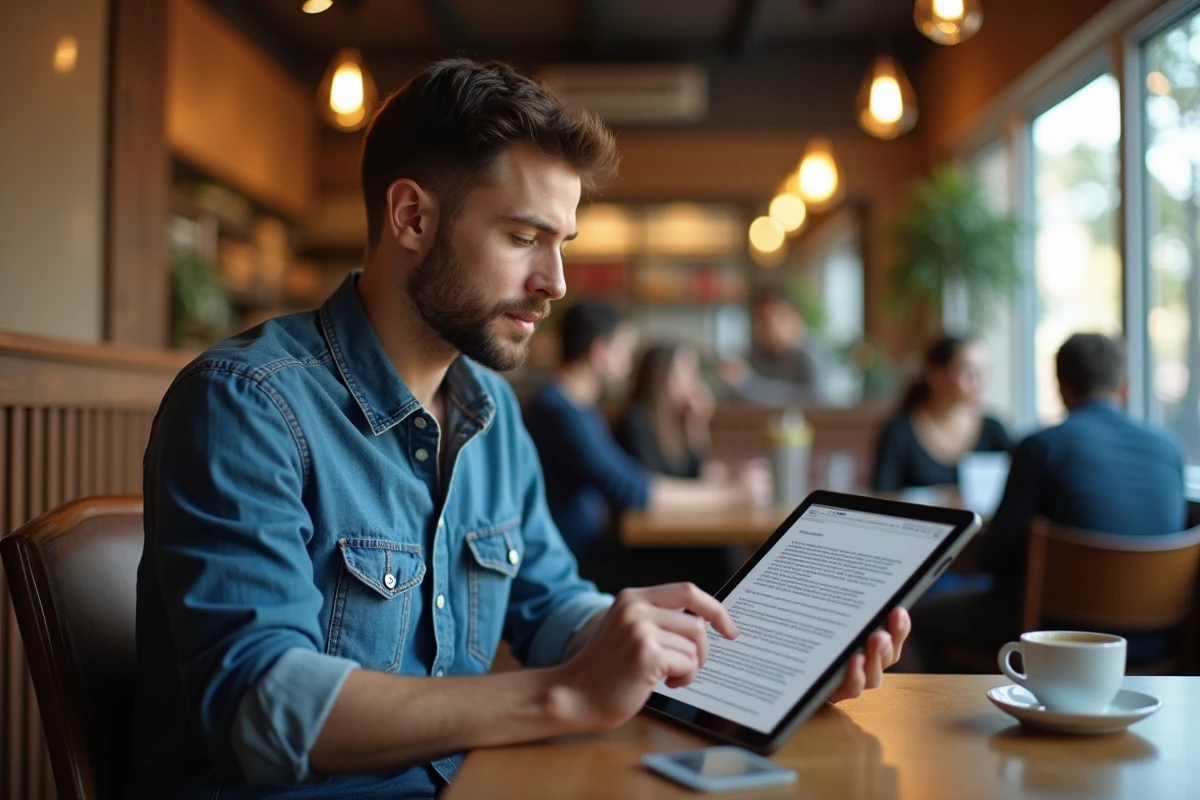 Jeune homme détendu lisant un communiqué sur une tablette au café