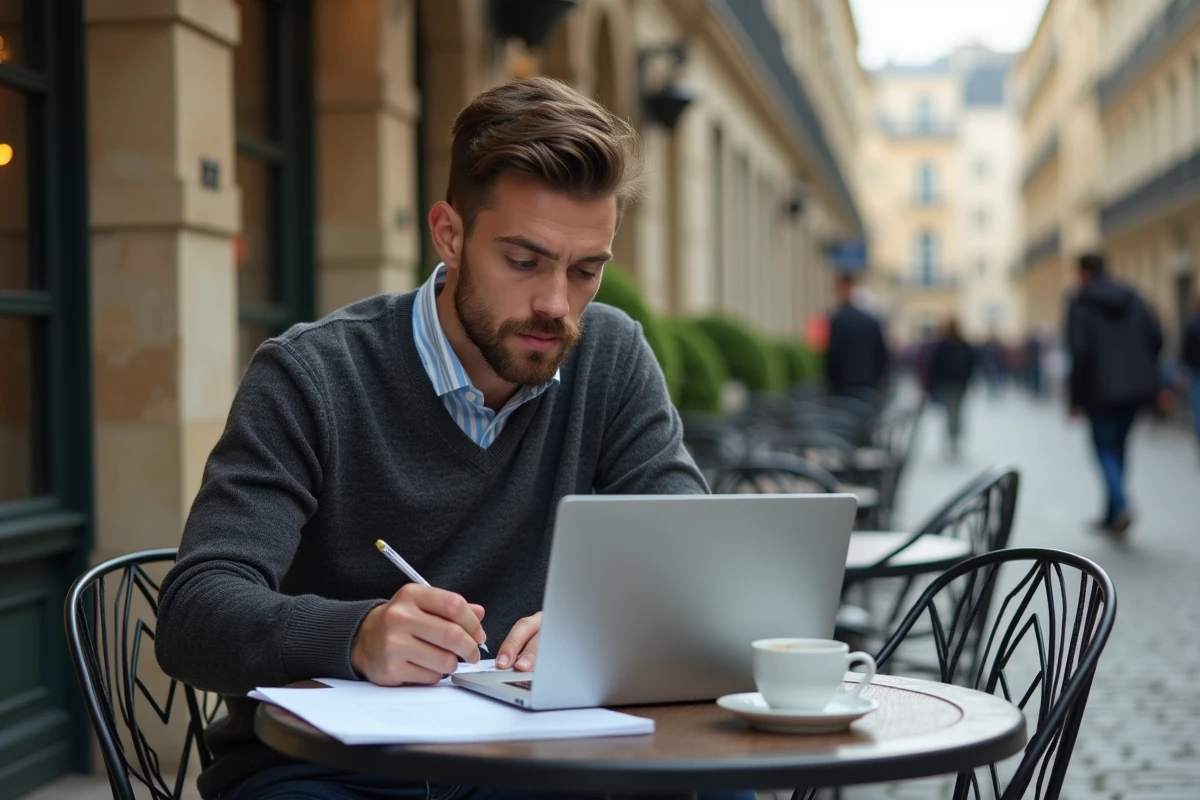 Jeune homme français travaillant dehors avec documents et ordinateur