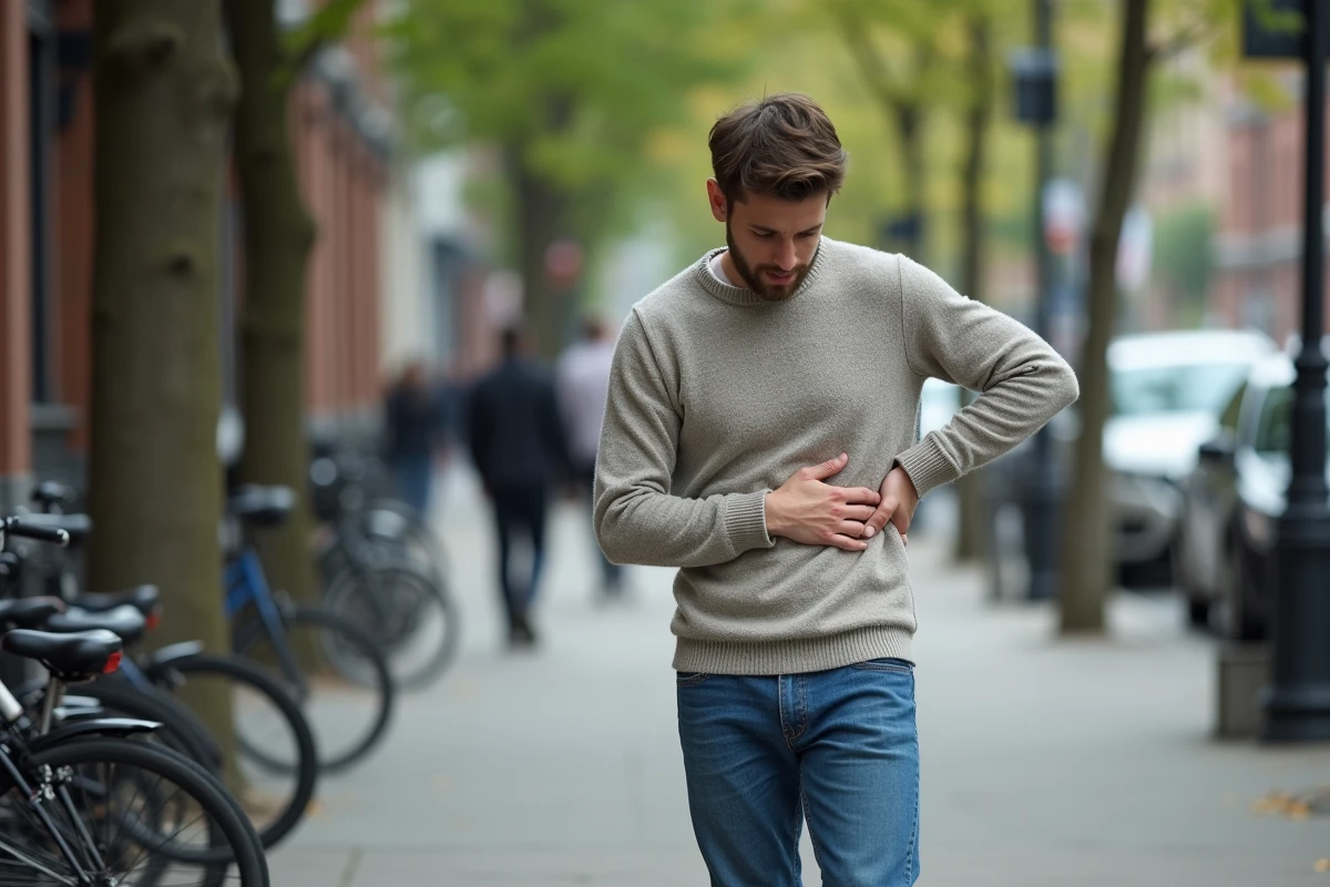 Jeune homme touchant ses côtes en marchant en ville