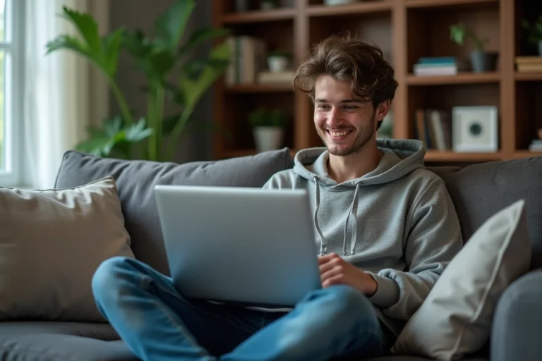 Jeune homme souriant regardant son ordinateur en streaming sport