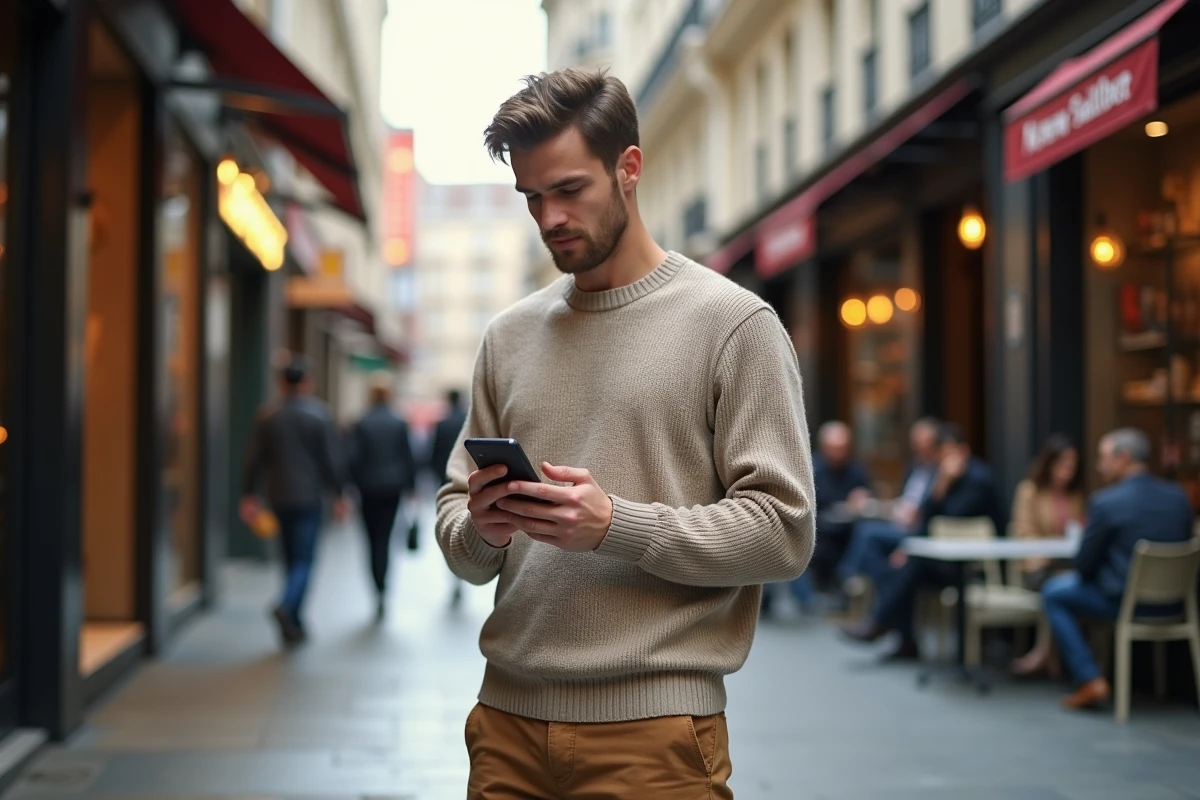 Jeune homme dans la rue en regardant son smartphone