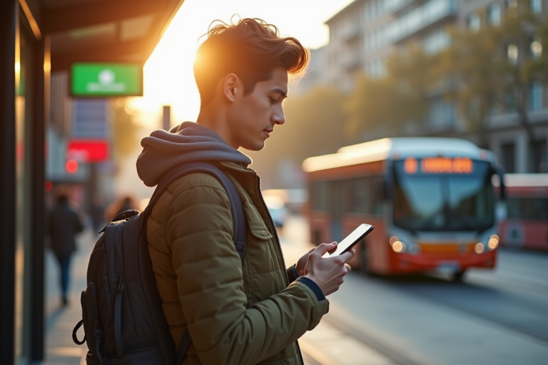 Jeune professionnel utilisant une appli bus en plein jour
