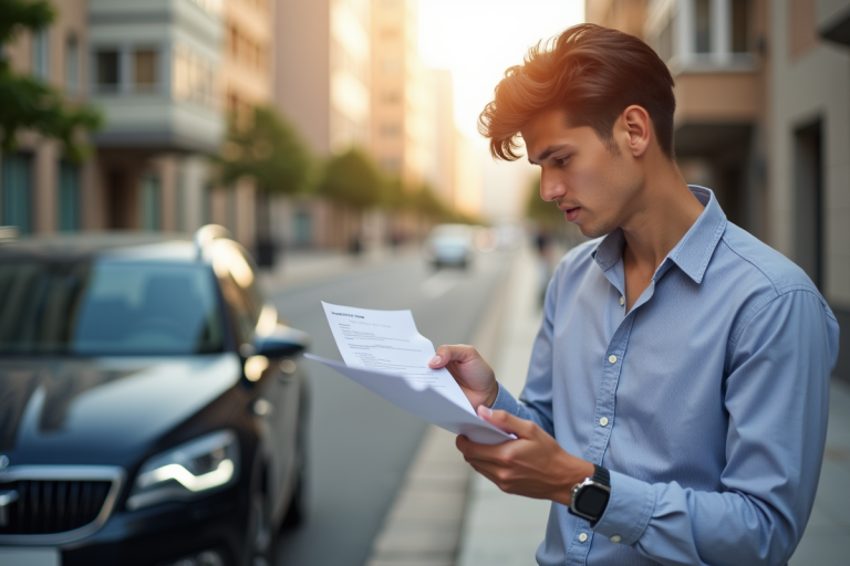 Jeune professionnel vérifiant documents d'assurance auto en ville