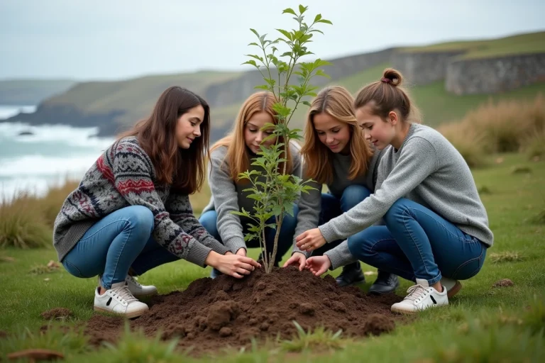 Jeunes bretons plantant des arbres sur la côte