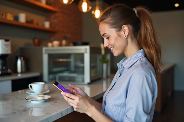 Jeune femme utilisant l'application Lydia pour une avance d'argent intégrée à son compte courant mobile dans un café