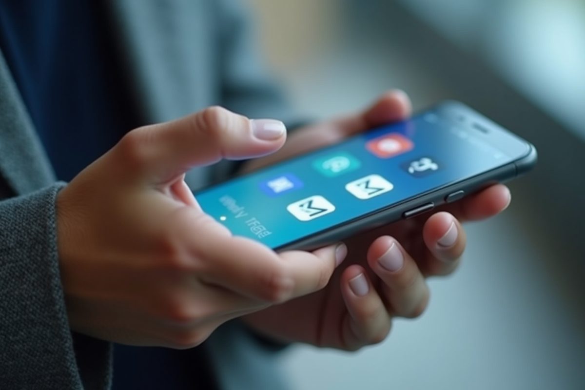 Mains tenant un smartphone avec applications de messagerie visibles