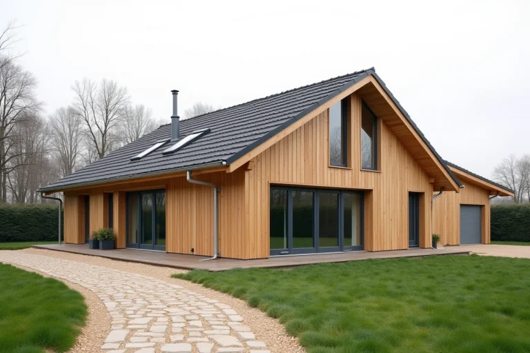Maison Natilia en bois à ossature bois avec grandes fenêtres et bardage clair, vue extérieure complète sur terrain résidentiel en France