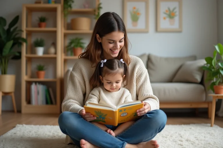 Maman et sa fille lisant un livre dans un salon chaleureux