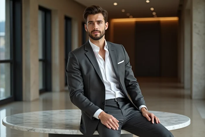 Mannequin masculin en costume gris anthracite dans un bureau de mode luxueux, illustrant les mannequins masculins les mieux payés au monde selon le classement 2025