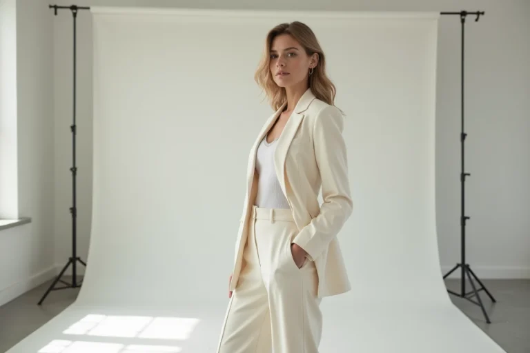 Mannequin professionnelle en blazer ivoire dans un studio de mode minimaliste, illustrant le classement des mannequins les mieux payés au monde en 2025