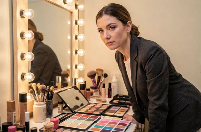 Maquilleure professionnelle aux yeux violets en coulisses entourée de produits de beauté colorés