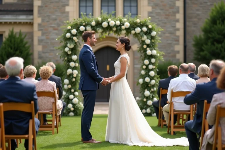 Jeune couple échangeant leurs vœux en plein air lors d’un mariage