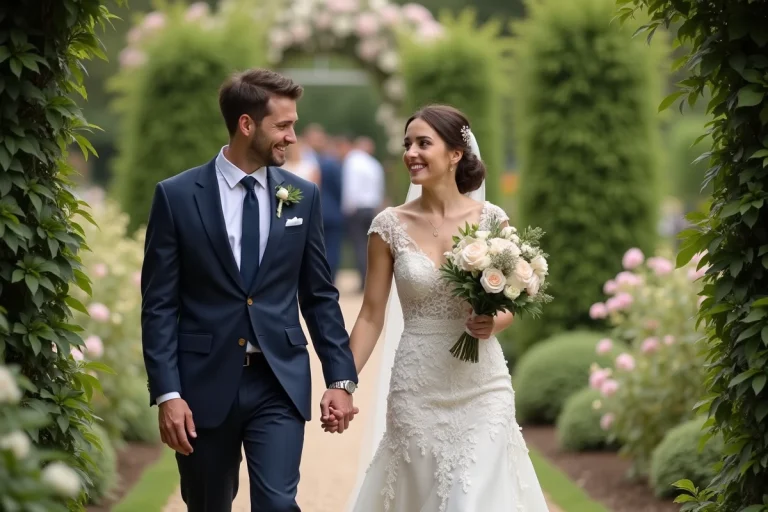 Jeune couple de mariés dans un jardin fleuri
