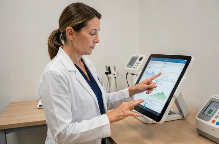 Médecin femme consultant un dossier patient sur une tablette numérique dans une salle de consultation moderne