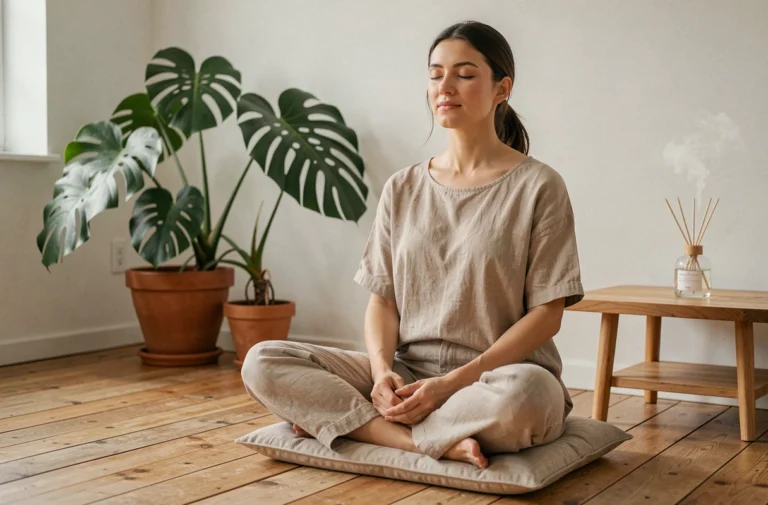 Femme pratiquant la méditation sur un coussin en lin naturel dans un salon minimaliste, ambiance sérénité et bien-être naturel