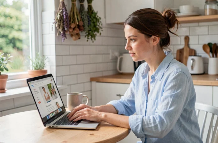 Mère connectée consultant des ressources parentales sur son ordinateur dans une cuisine moderne et lumineuse