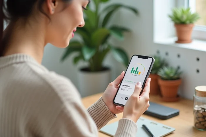 Femme gérant son épargne automatique et une avance d'argent via l'application Moneybounce sur son smartphone