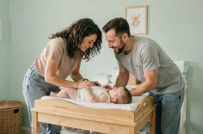 Couple de jeunes parents souriants s'occupant de leur bébé sur une table à langer dans une chambre de bébé moderne