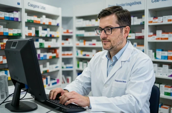 Pharmacien masculin gérant des ordonnances électroniques sur ordinateur derrière le comptoir d'une pharmacie