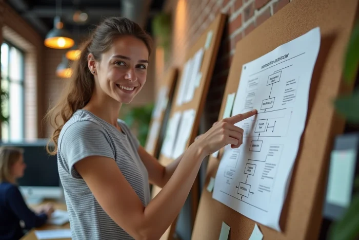 Jeune femme pointant un plan de site affiché sur un tableau dans un espace de coworking