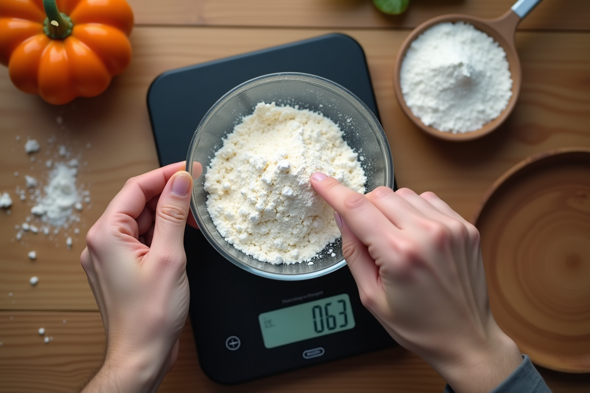 Mains ajustant une balance de cuisine pour peser la farine