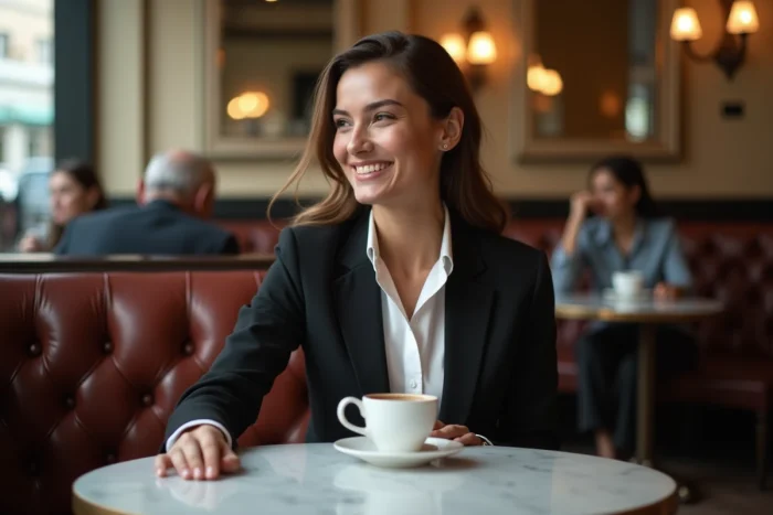 Portrait d'une jeune femme élégante dans un café parisien, compagne d'un footballeur professionnel, ambiance éditoriale raffinée