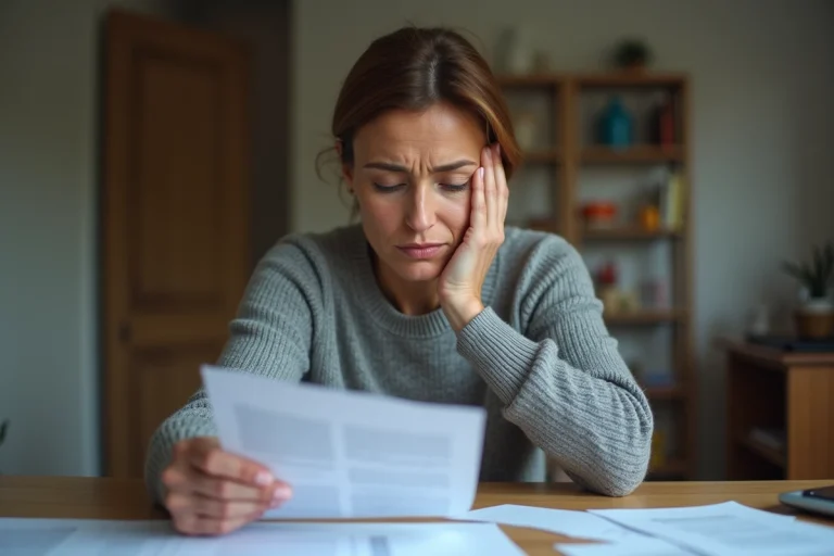 Femme inquiète lisant un courrier administratif de radiation Pôle emploi à une table de cuisine couverte de documents officiels