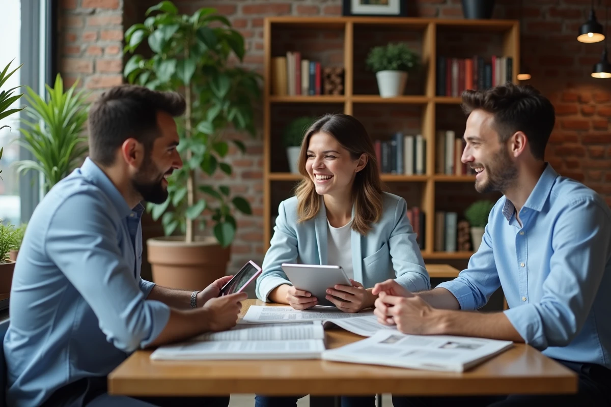 Groupe de jeunes professionnels discutant dans un café