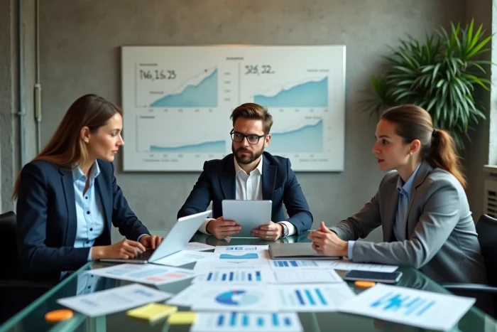 Équipe de professionnels en réunion autour d'une table avec des graphiques financiers et des tableaux de bord budgétaires