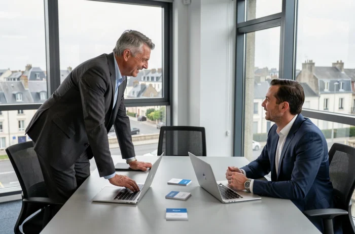 Trois professionnels en discussion autour d'une table de réunion dans un bureau moderne avec vue sur une ville bretonne