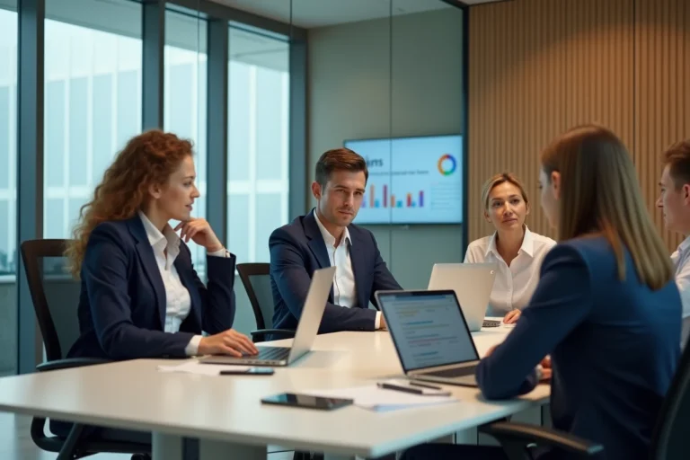 Groupe de professionnels en réunion dans une salle moderne
