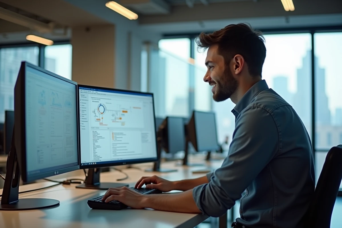 Jeune homme en informatique travaillant sur ses écrans