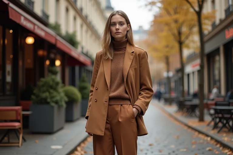 Femme élégante portant un blazer oversize camel et un pantalon large dans une rue parisienne en automne, tendance mode saison