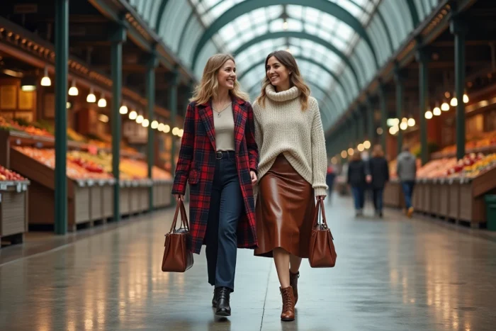 Deux femmes élégantes aux styles complémentaires marchant dans une halle couverte, tendances mode féminine de saison