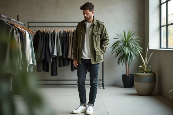 Homme stylé en veste utilitaire vert sauge explorant un concept store minimaliste, tendances mode masculine automne-hiver