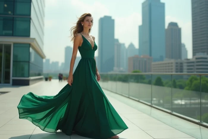 Mannequin féminine en robe de soirée émeraude sur une terrasse urbaine, représentant les top models internationaux les mieux rémunérés en 2025