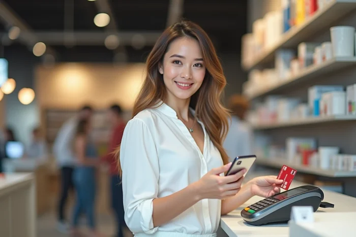 Jeune femme utilisant la carte prépayée Veritas Mastercard avec facilité de trésorerie lors d'un paiement en magasin